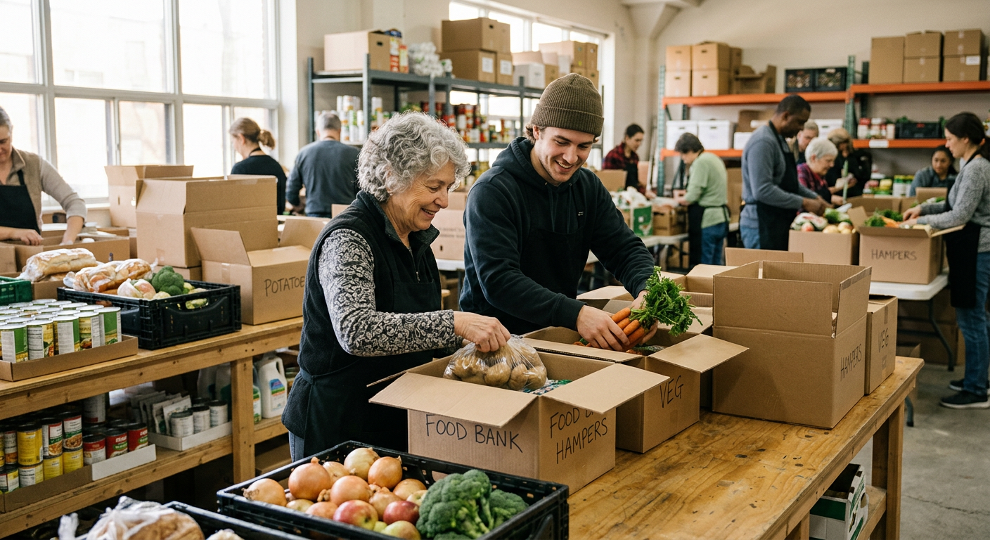 Volunteers packing food hampers together at a community food bank