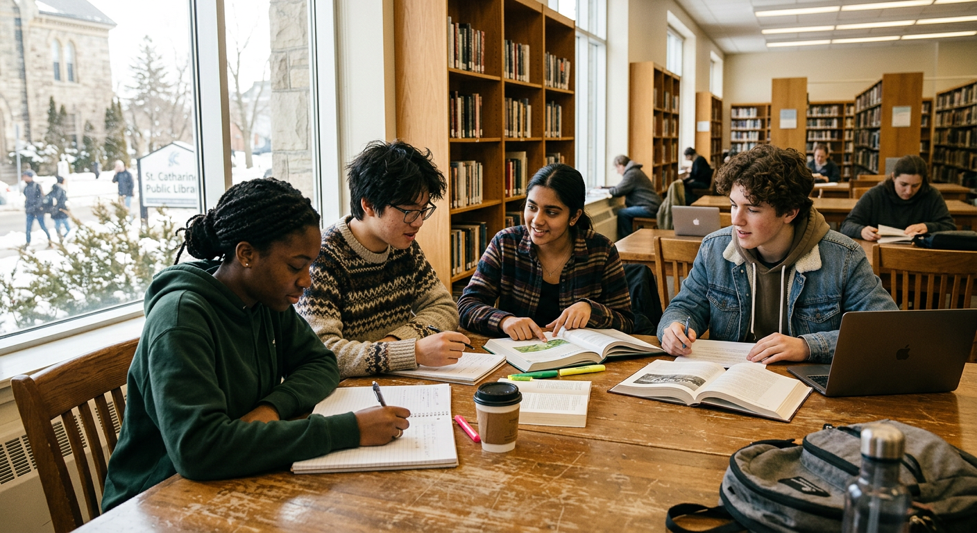 Students studying together at a library table